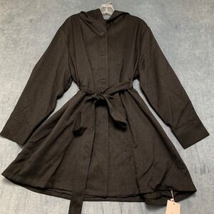 BloomChic Trench Coat Women 22-24 Black Stretch Belted Waist Hooded Button Front